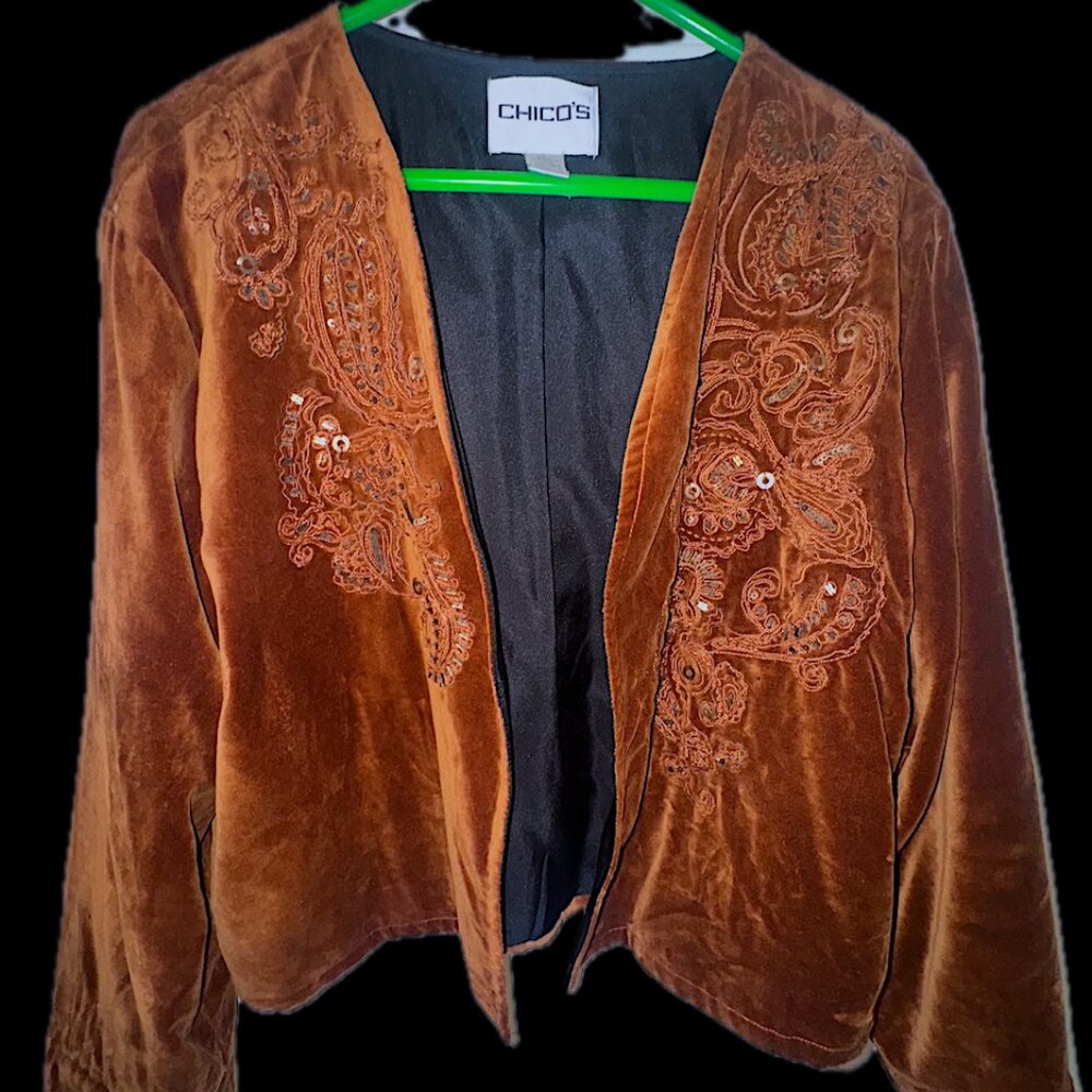Chico's rust lined velvet embroidered beaded blazer Size 3